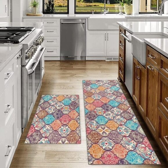 Boho Floral Kitchen Bath Rugs Mat Non-Slip Washable Runner 2pc - Picture 3 of 8